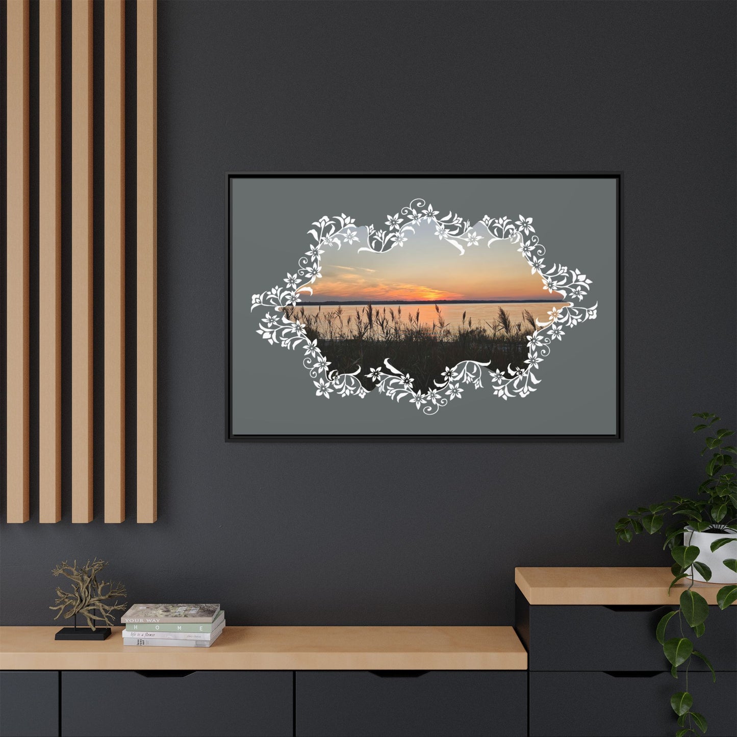 "Wild Youth" Framed Matte Canvas - Sunrise Marsh with Ornate White Floral Frame