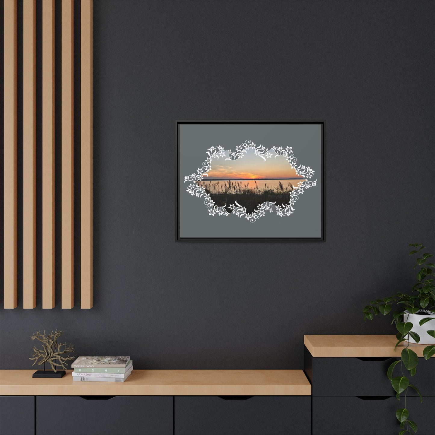 "Wild Youth" Framed Matte Canvas - Sunrise Marsh with Ornate White Floral Frame
