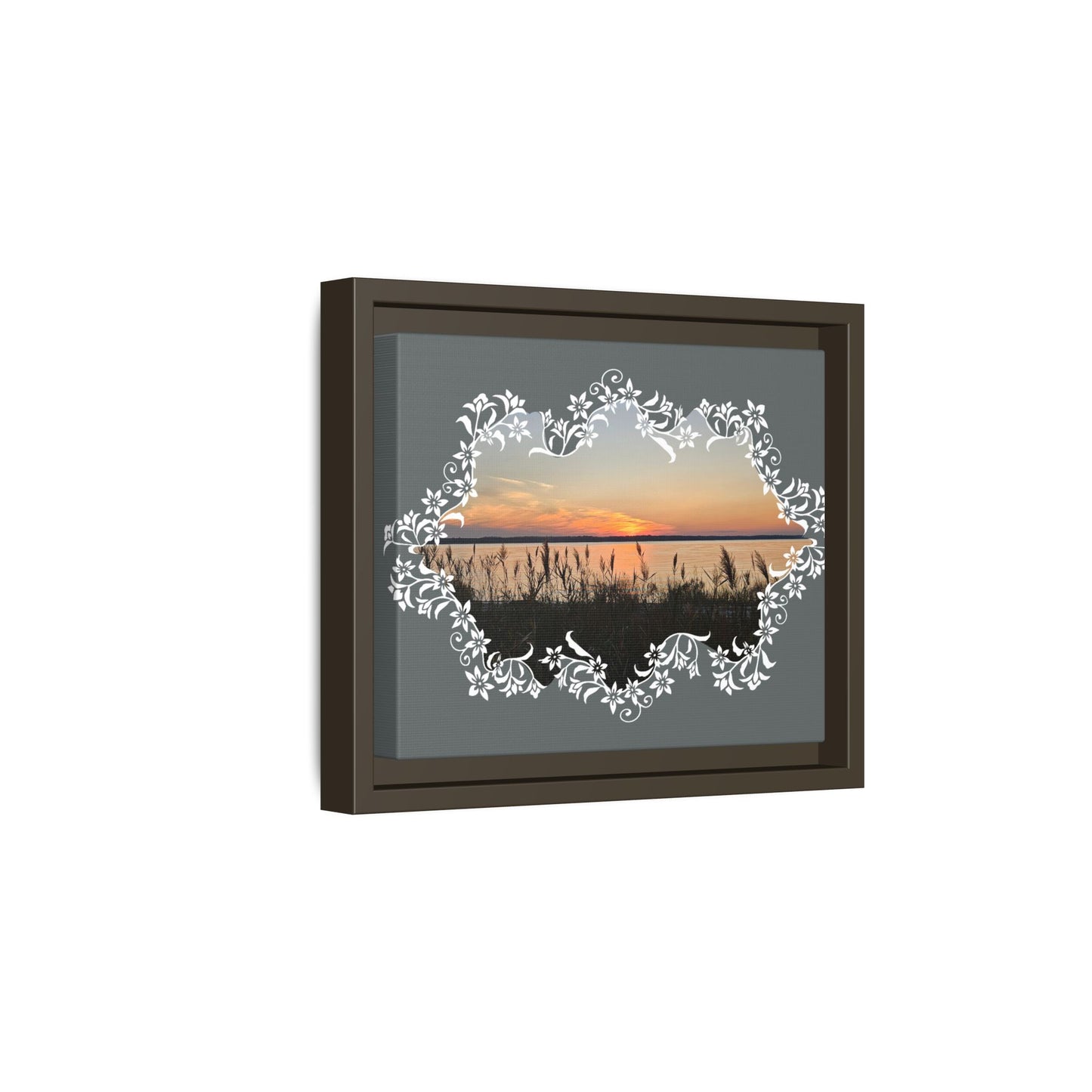 "Wild Youth" Framed Matte Canvas - Sunrise Marsh with Ornate White Floral Frame
