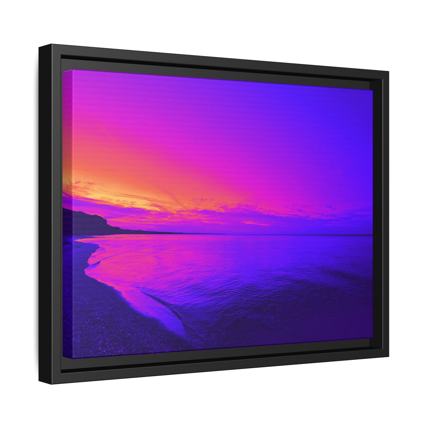 "Lavishing Symmetry" Sunset Shore Matte Canvas Framed Wall Art — Vibrant Purple & Pink Beach Landscape