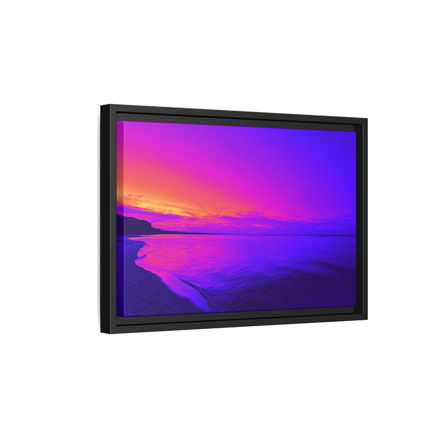 "Lavishing Symmetry" Sunset Shore Matte Canvas Framed Wall Art — Vibrant Purple & Pink Beach Landscape