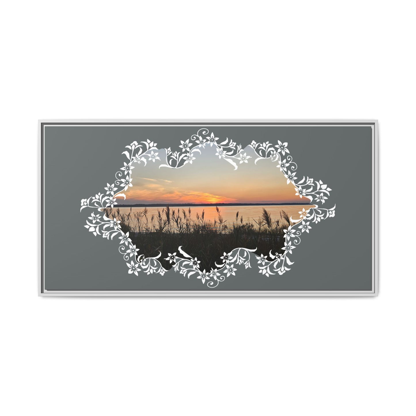 "Wild Youth" Framed Matte Canvas - Sunrise Marsh with Ornate White Floral Frame