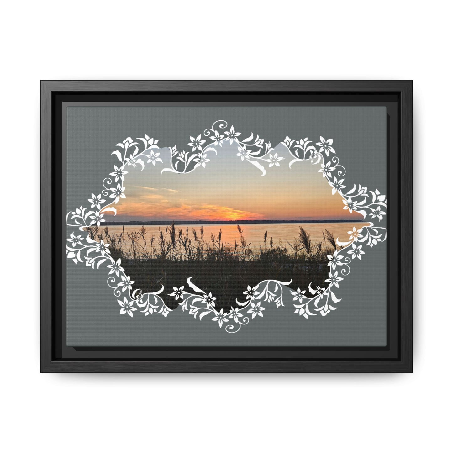 "Wild Youth" Framed Matte Canvas - Sunrise Marsh with Ornate White Floral Frame