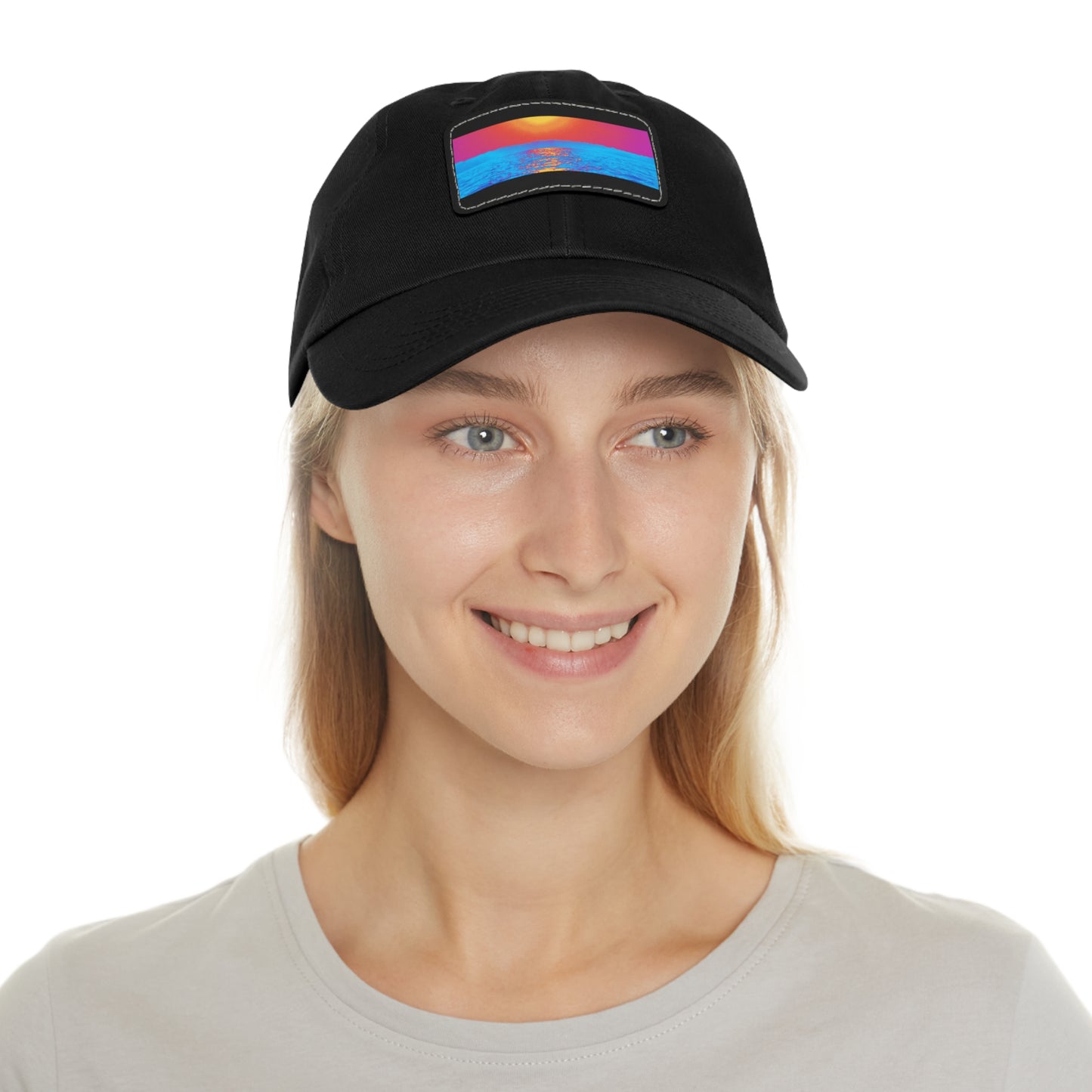 Sunset Ocean Leather Patch Dad Hat — Retro Vaporwave Beach Cap