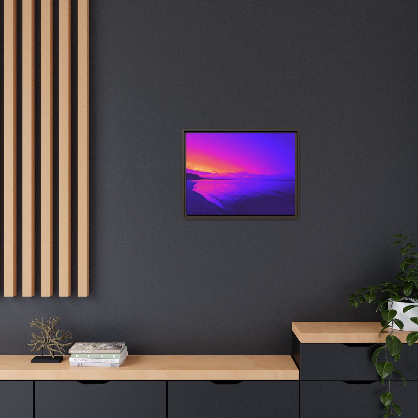"Lavishing Symmetry" Sunset Shore Matte Canvas Framed Wall Art — Vibrant Purple & Pink Beach Landscape