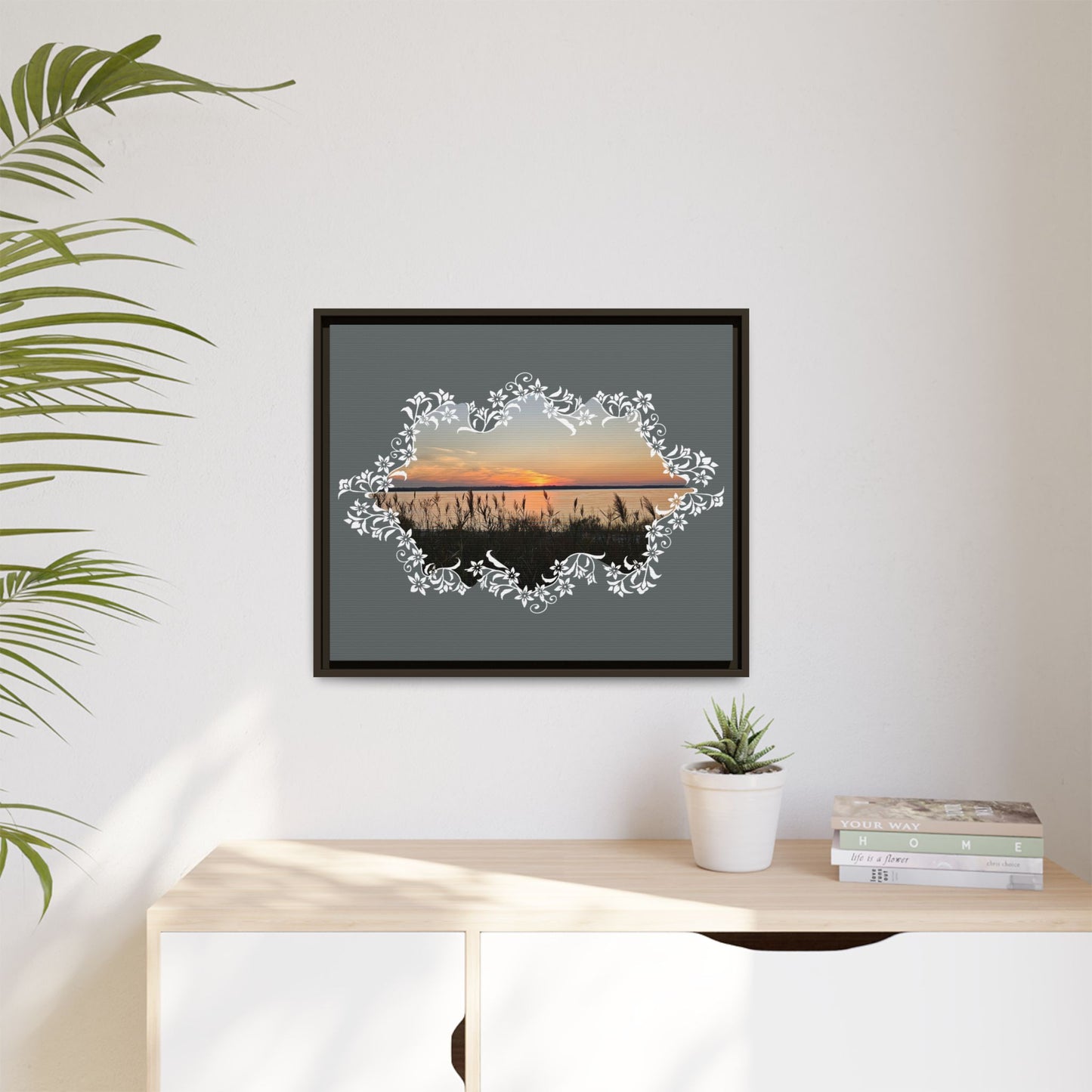 "Wild Youth" Framed Matte Canvas - Sunrise Marsh with Ornate White Floral Frame