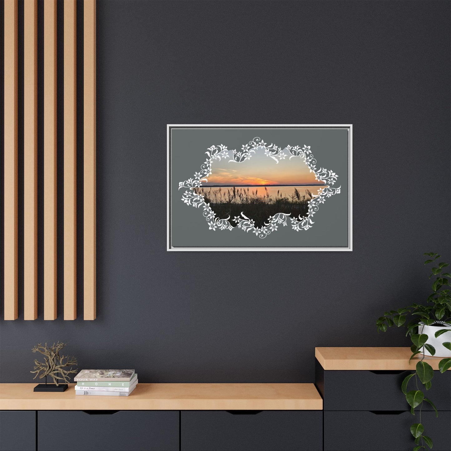 "Wild Youth" Framed Matte Canvas - Sunrise Marsh with Ornate White Floral Frame