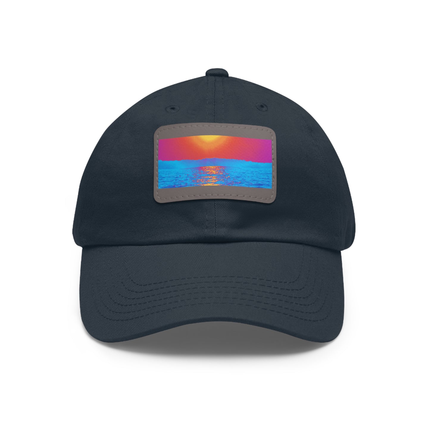 Sunset Ocean Leather Patch Dad Hat — Retro Vaporwave Beach Cap