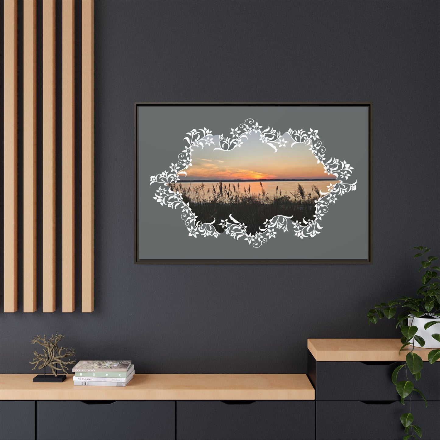 "Wild Youth" Framed Matte Canvas - Sunrise Marsh with Ornate White Floral Frame