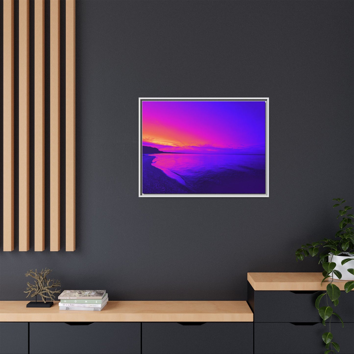 "Lavishing Symmetry" Sunset Shore Matte Canvas Framed Wall Art — Vibrant Purple & Pink Beach Landscape