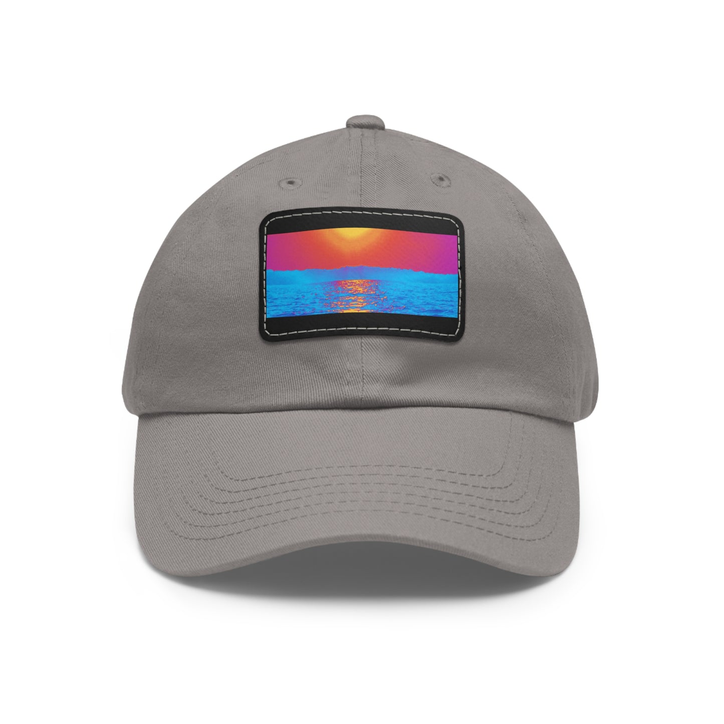 Sunset Ocean Leather Patch Dad Hat — Retro Vaporwave Beach Cap