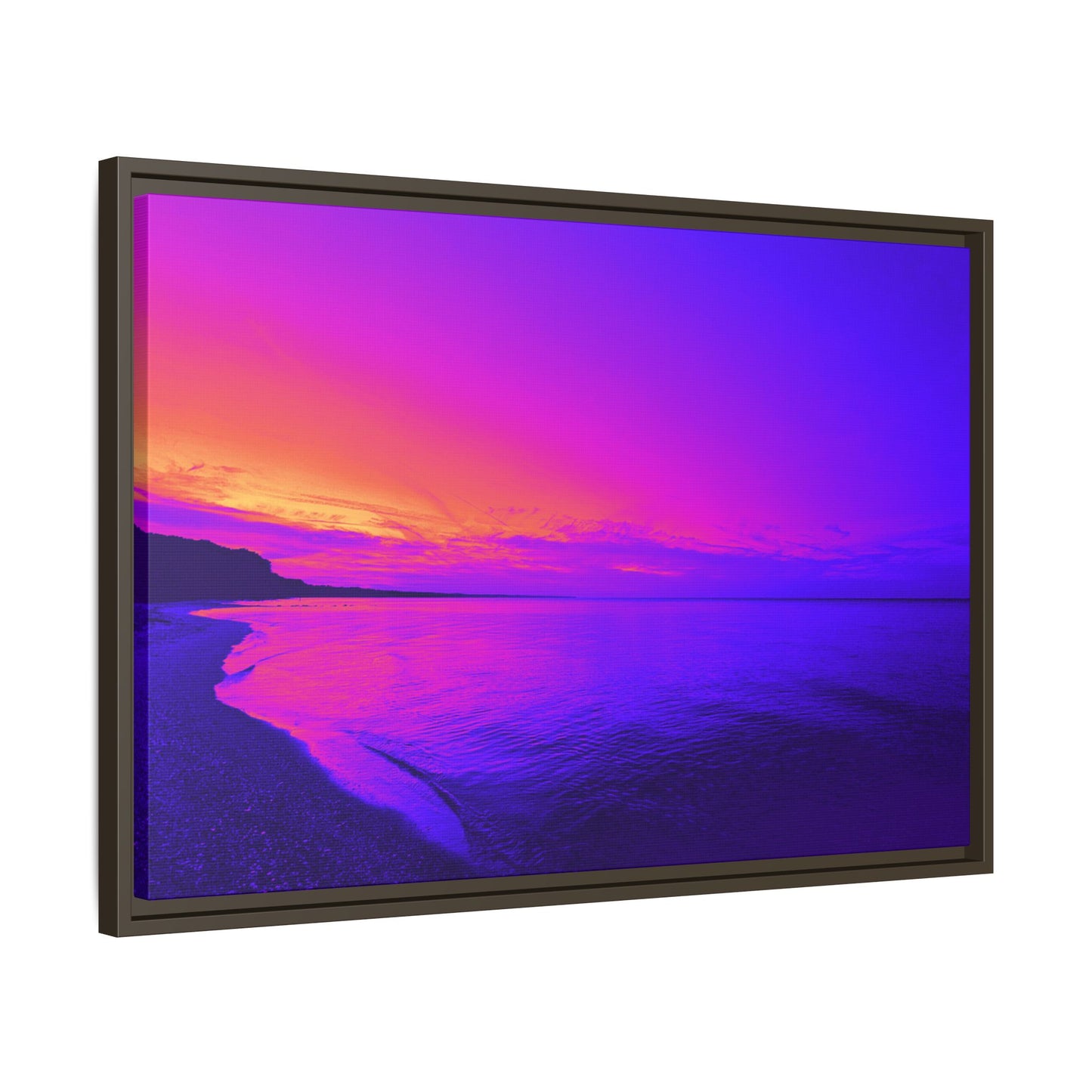 "Lavishing Symmetry" Sunset Shore Matte Canvas Framed Wall Art — Vibrant Purple & Pink Beach Landscape