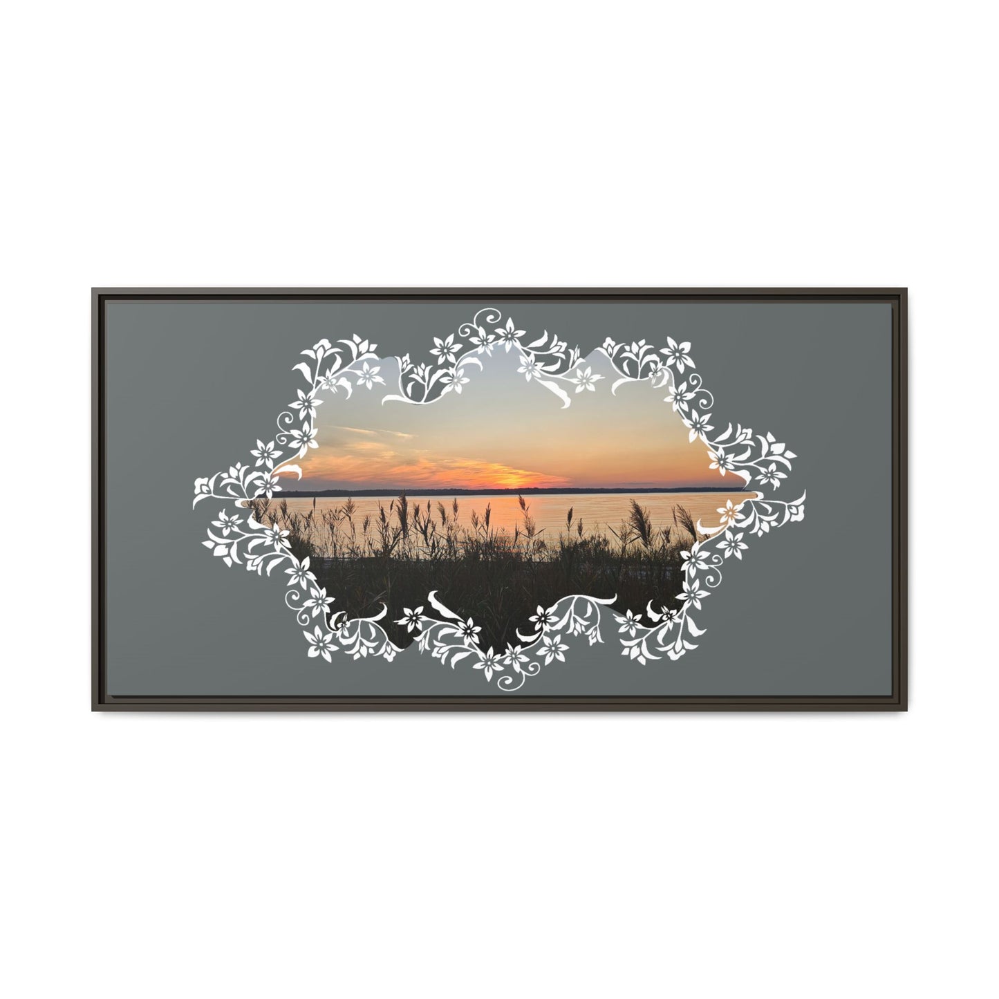 "Wild Youth" Framed Matte Canvas - Sunrise Marsh with Ornate White Floral Frame