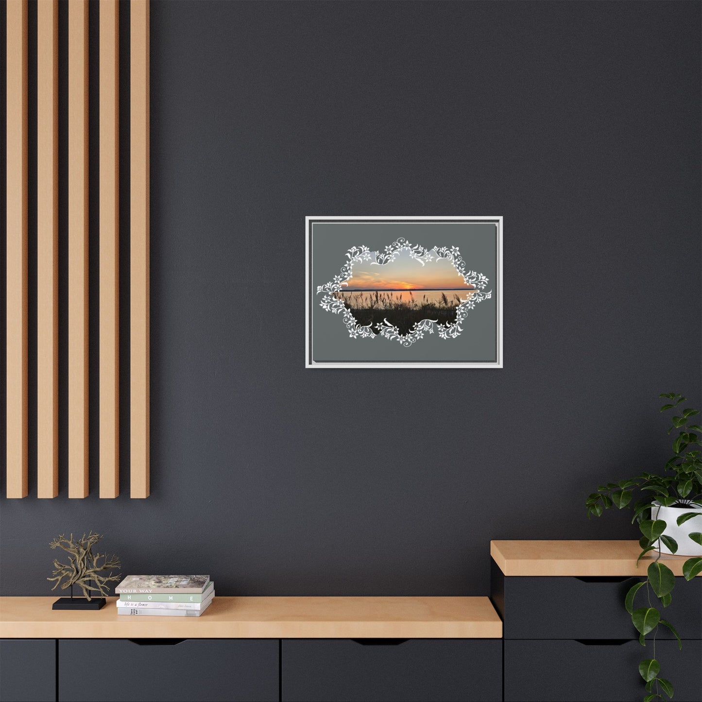 "Wild Youth" Framed Matte Canvas - Sunrise Marsh with Ornate White Floral Frame