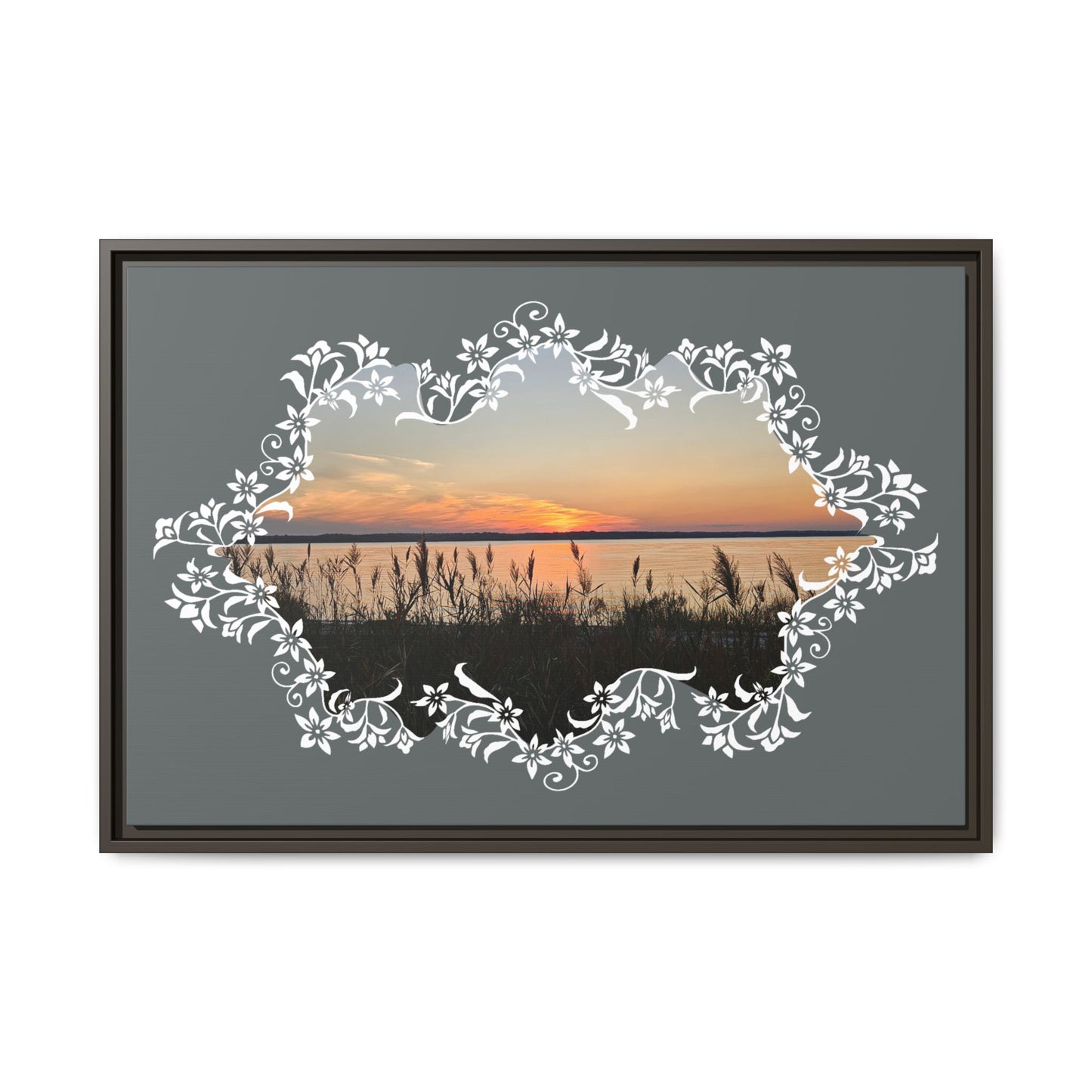 "Wild Youth" Framed Matte Canvas - Sunrise Marsh with Ornate White Floral Frame