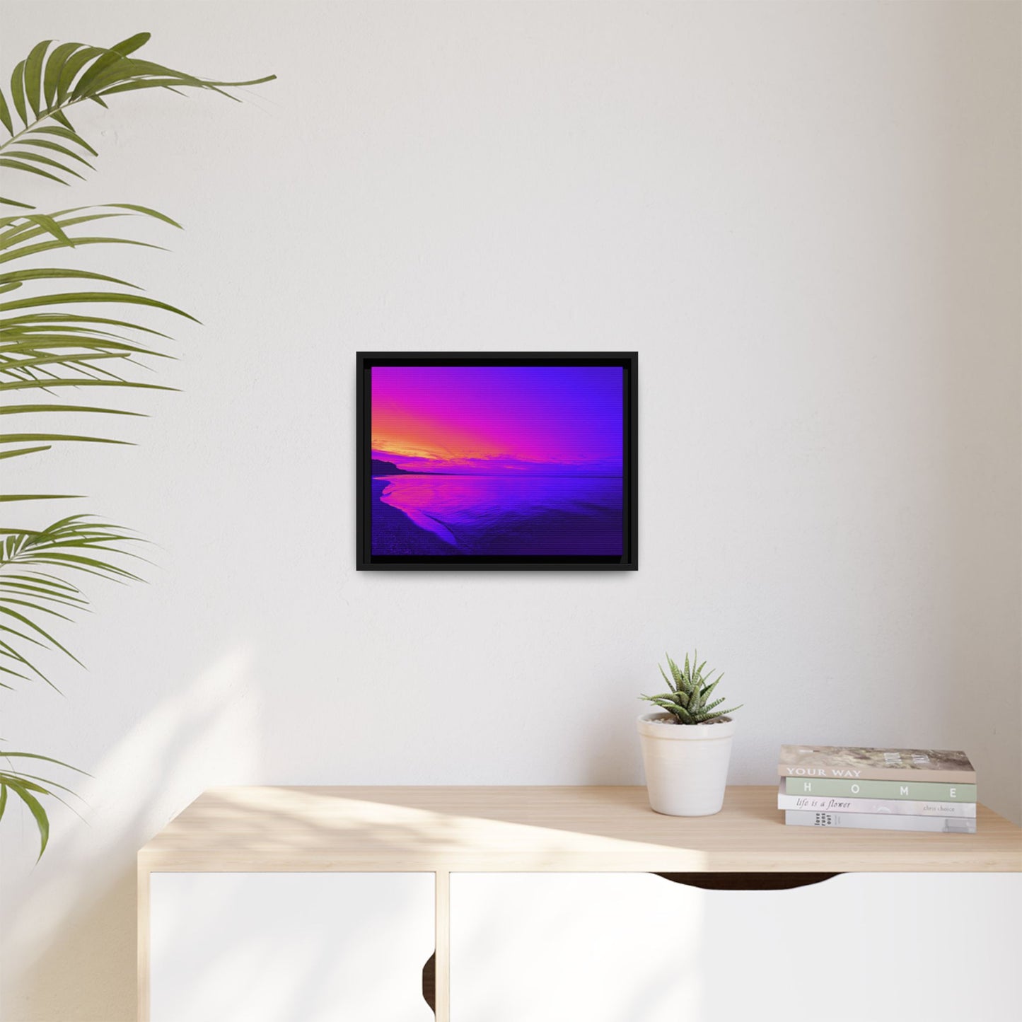 "Lavishing Symmetry" Sunset Shore Matte Canvas Framed Wall Art — Vibrant Purple & Pink Beach Landscape