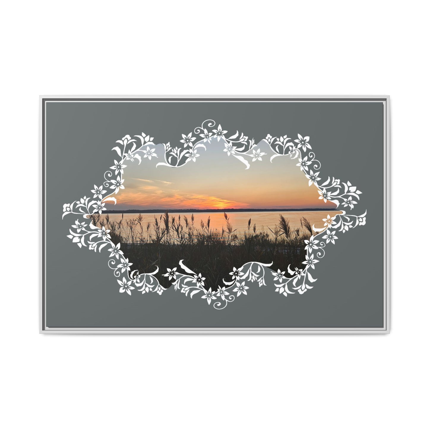 "Wild Youth" Framed Matte Canvas - Sunrise Marsh with Ornate White Floral Frame