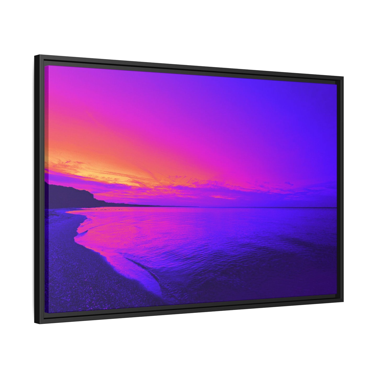 "Lavishing Symmetry" Sunset Shore Matte Canvas Framed Wall Art — Vibrant Purple & Pink Beach Landscape