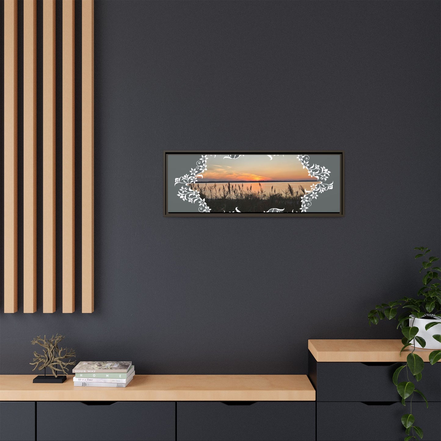 "Wild Youth" Framed Matte Canvas - Sunrise Marsh with Ornate White Floral Frame
