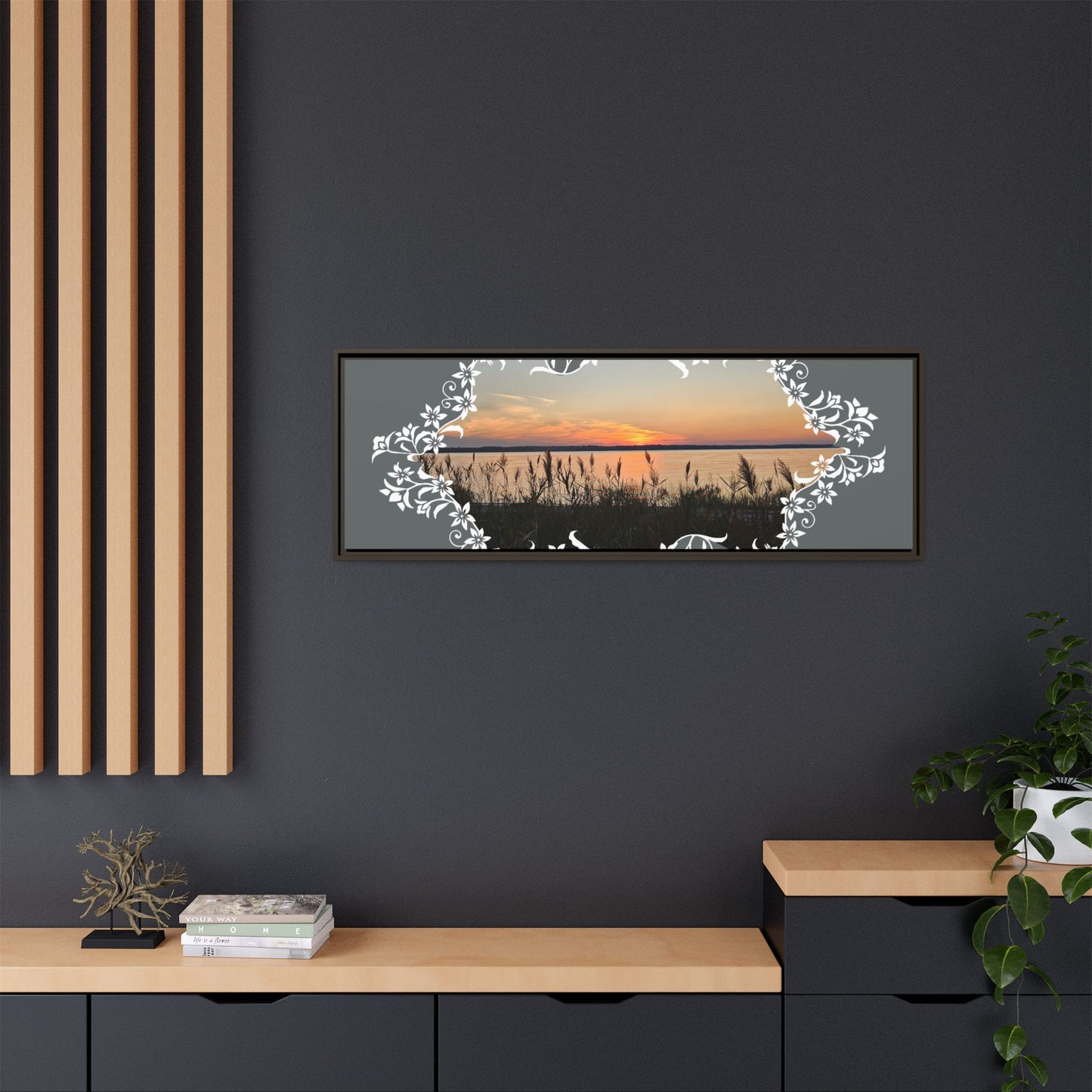 "Wild Youth" Framed Matte Canvas - Sunrise Marsh with Ornate White Floral Frame