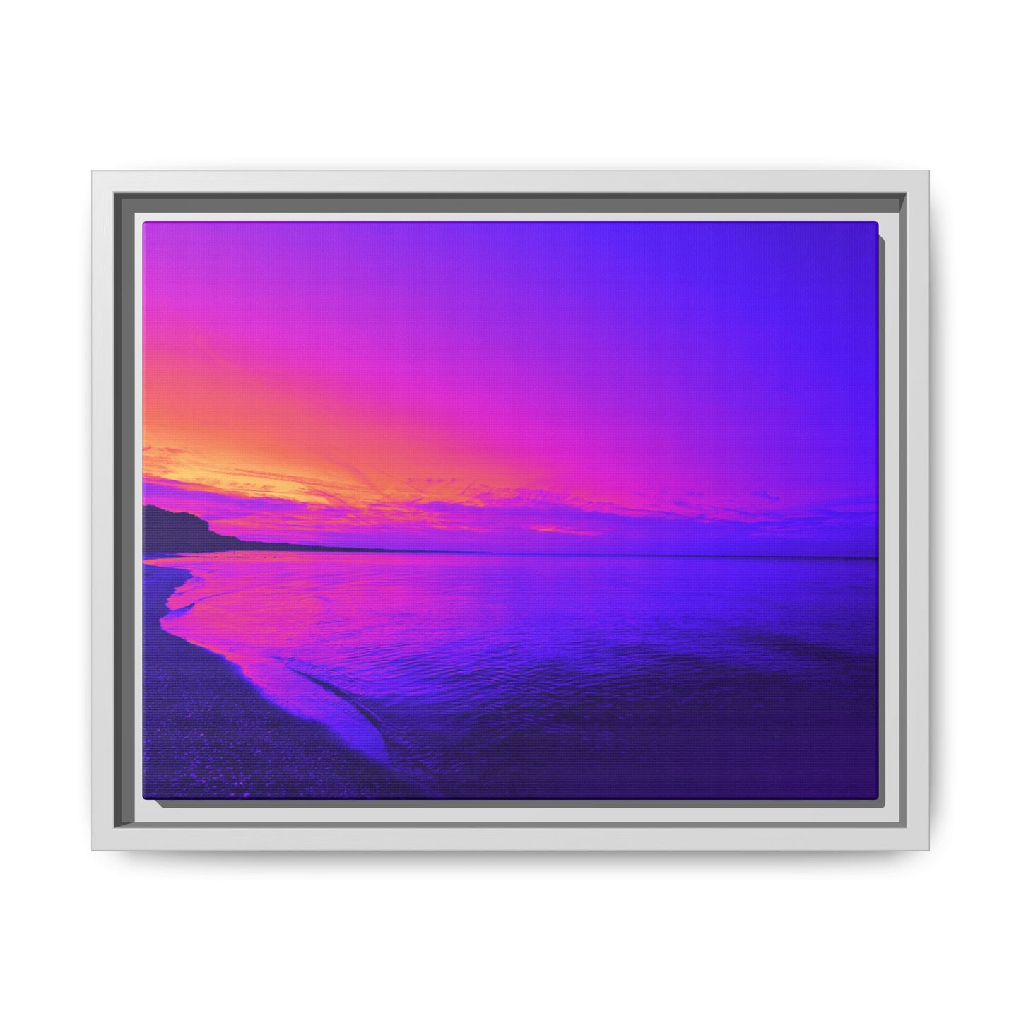"Lavishing Symmetry" Sunset Shore Matte Canvas Framed Wall Art — Vibrant Purple & Pink Beach Landscape