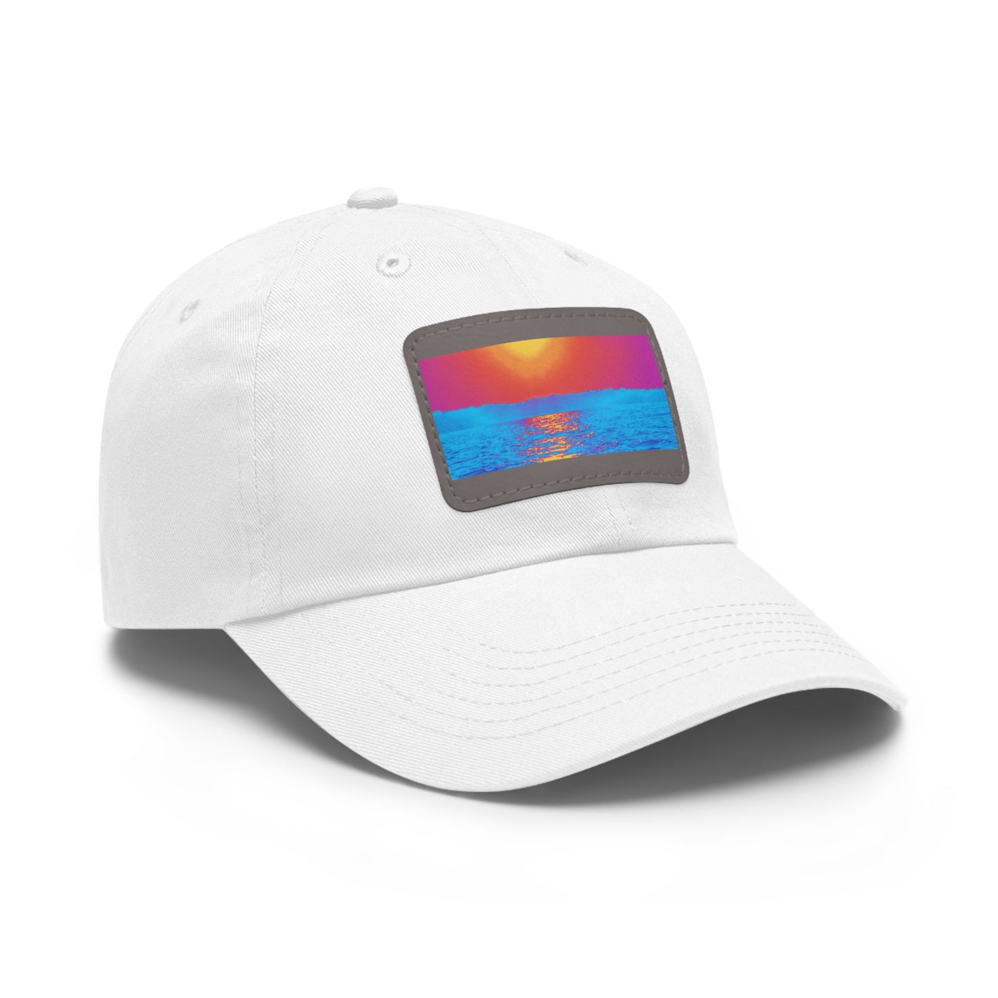 Sunset Ocean Leather Patch Dad Hat — Retro Vaporwave Beach Cap