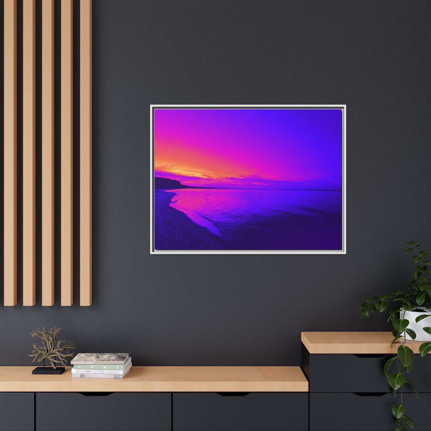 "Lavishing Symmetry" Sunset Shore Matte Canvas Framed Wall Art — Vibrant Purple & Pink Beach Landscape