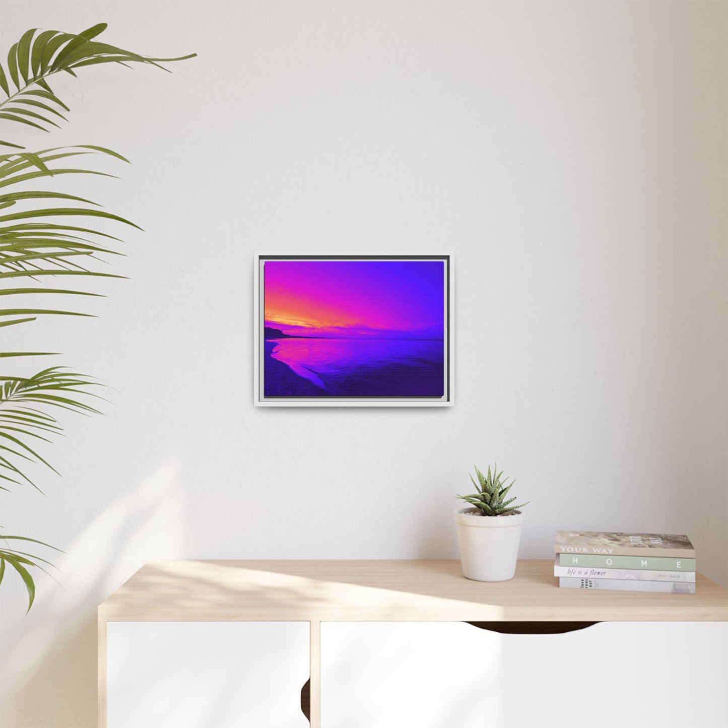 "Lavishing Symmetry" Sunset Shore Matte Canvas Framed Wall Art — Vibrant Purple & Pink Beach Landscape