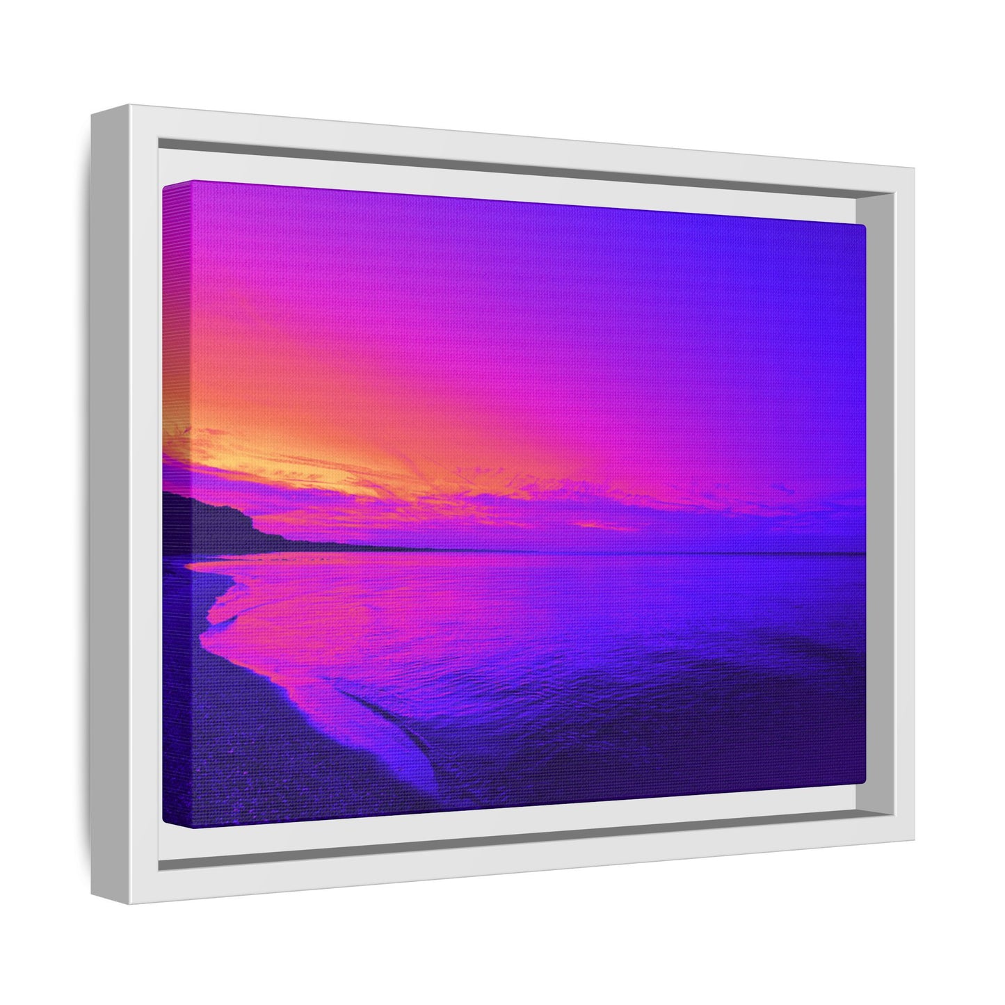 "Lavishing Symmetry" Sunset Shore Matte Canvas Framed Wall Art — Vibrant Purple & Pink Beach Landscape