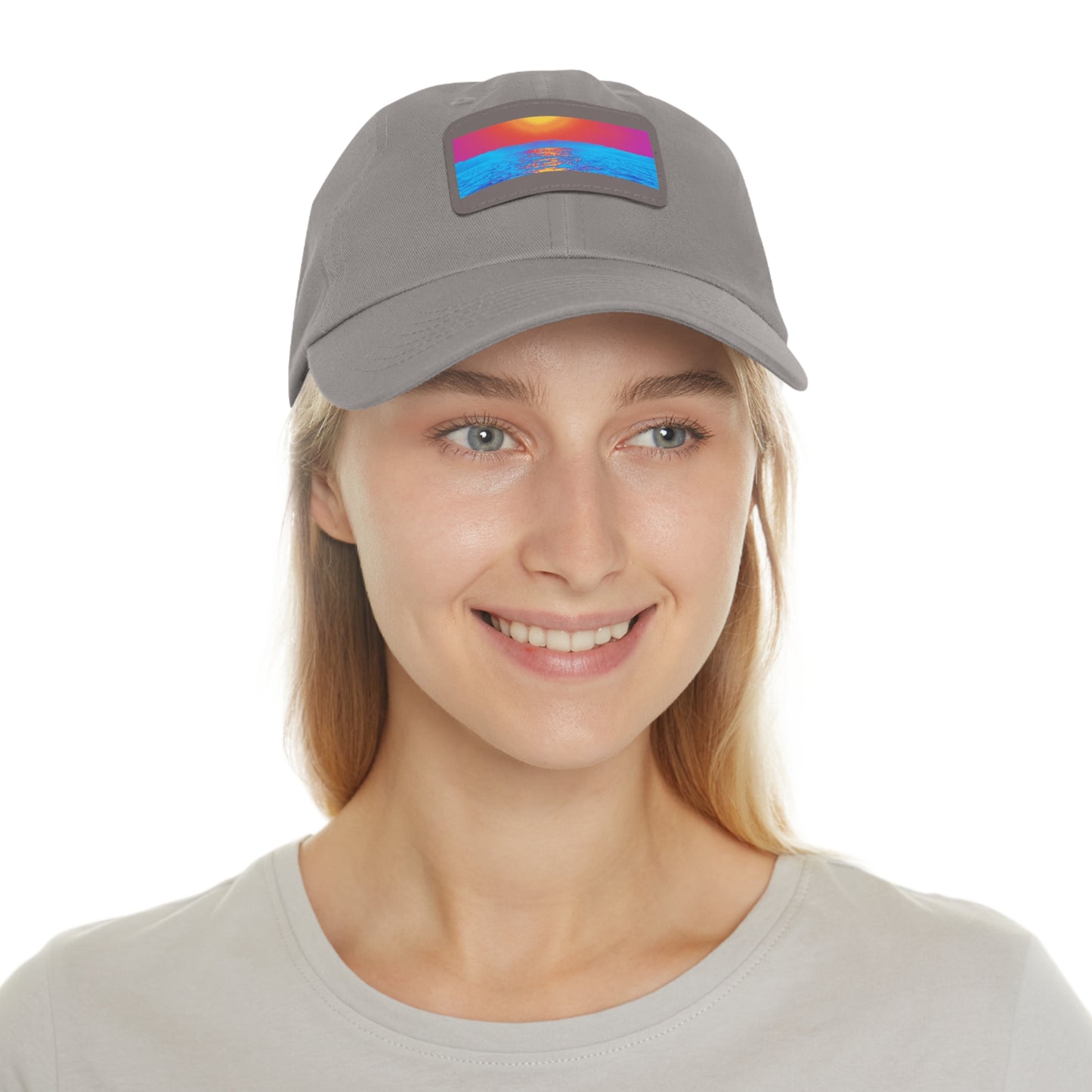 Sunset Ocean Leather Patch Dad Hat — Retro Vaporwave Beach Cap