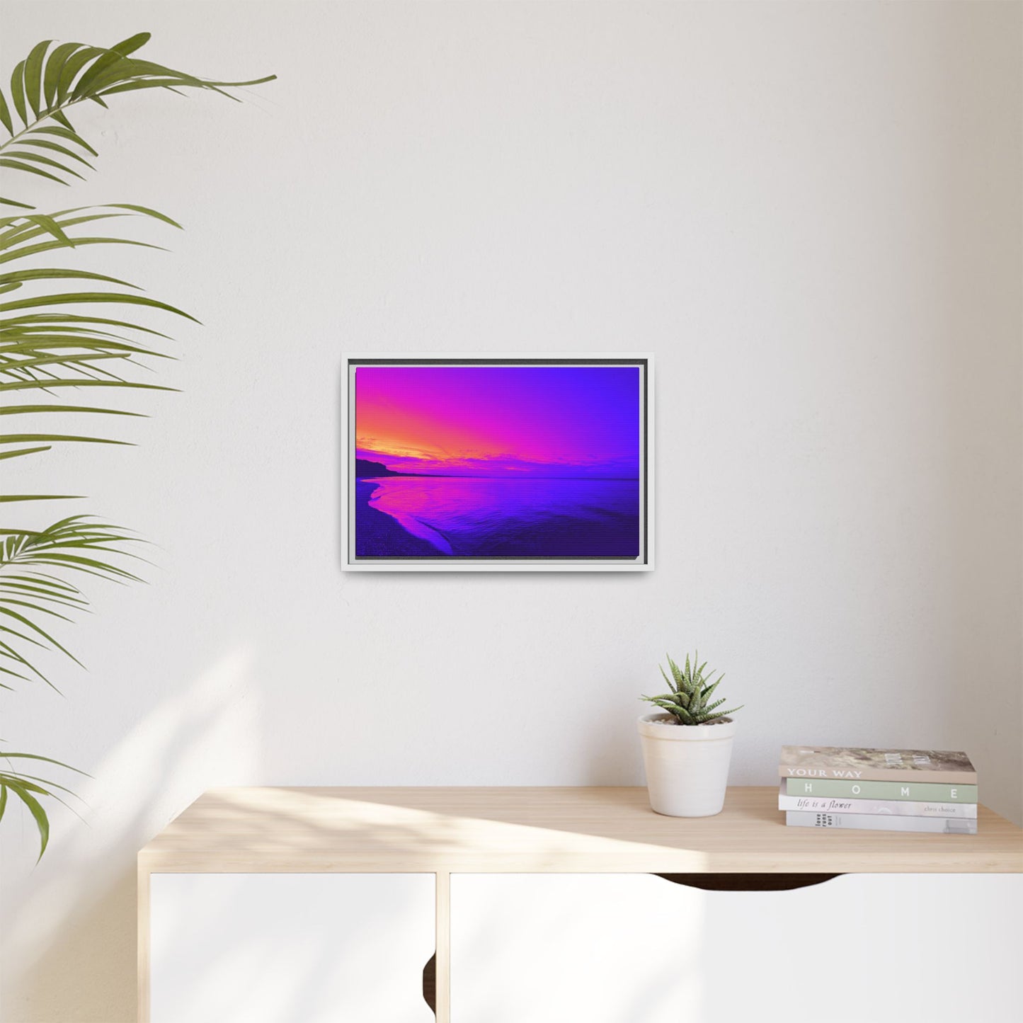 "Lavishing Symmetry" Sunset Shore Matte Canvas Framed Wall Art — Vibrant Purple & Pink Beach Landscape