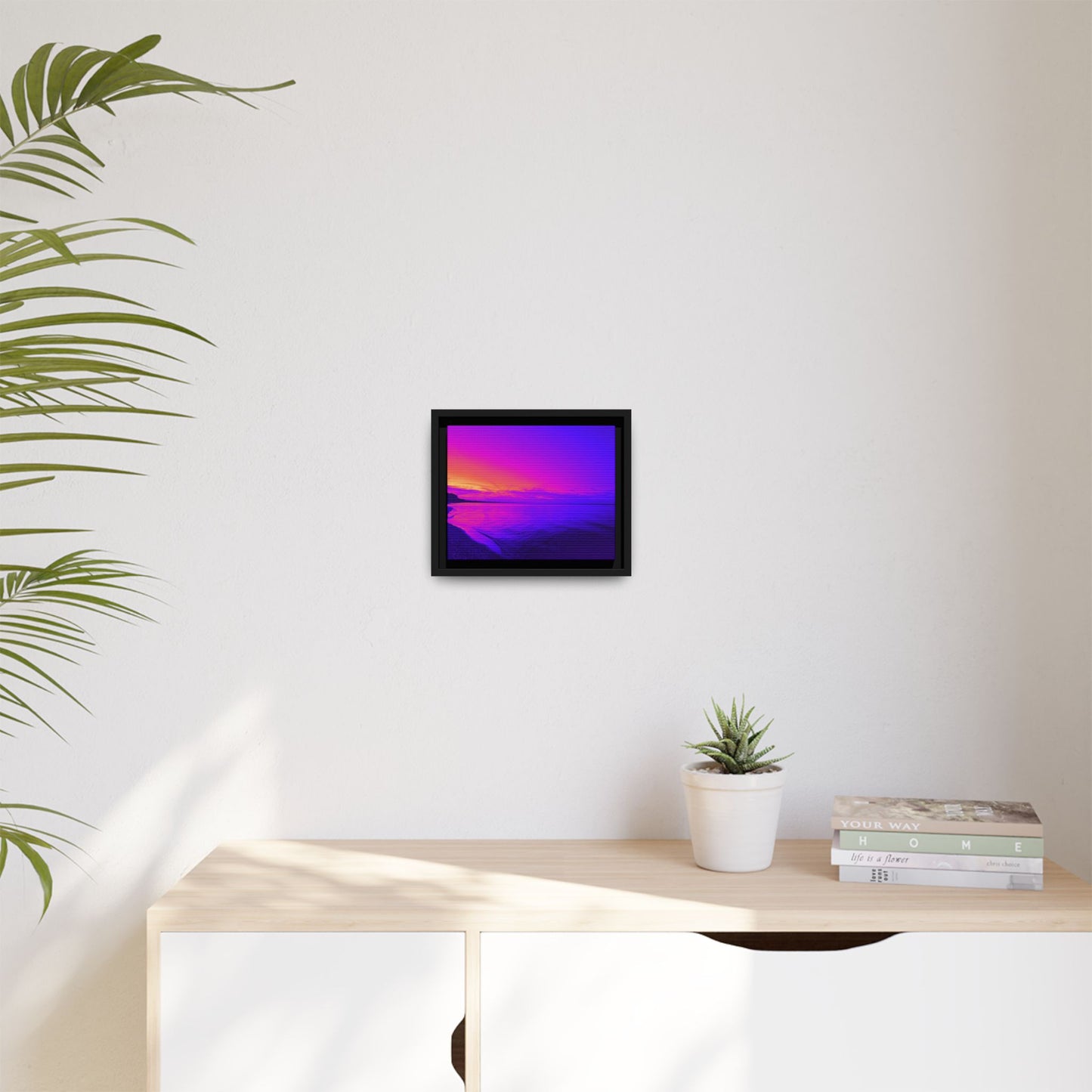 "Lavishing Symmetry" Sunset Shore Matte Canvas Framed Wall Art — Vibrant Purple & Pink Beach Landscape