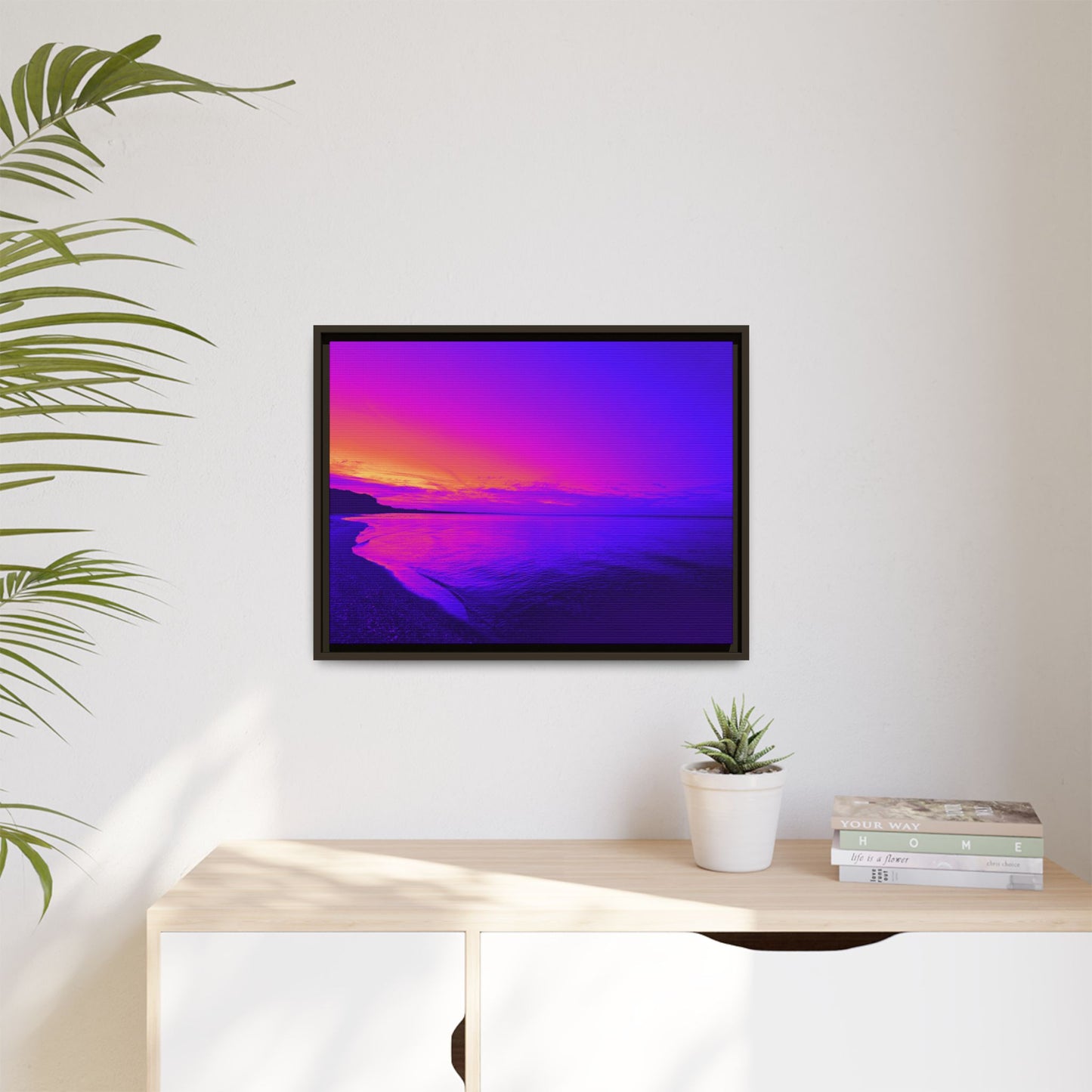 "Lavishing Symmetry" Sunset Shore Matte Canvas Framed Wall Art — Vibrant Purple & Pink Beach Landscape