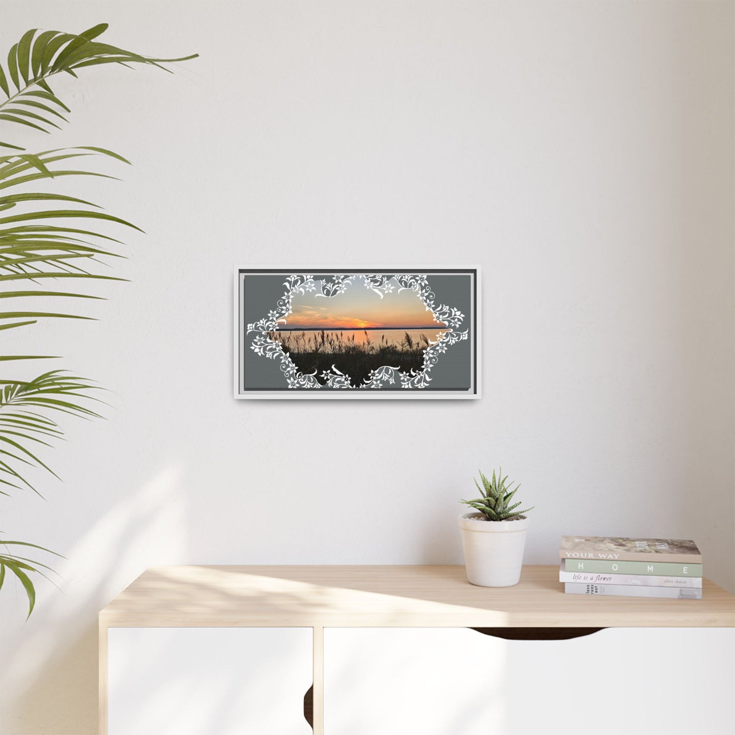 "Wild Youth" Framed Matte Canvas - Sunrise Marsh with Ornate White Floral Frame