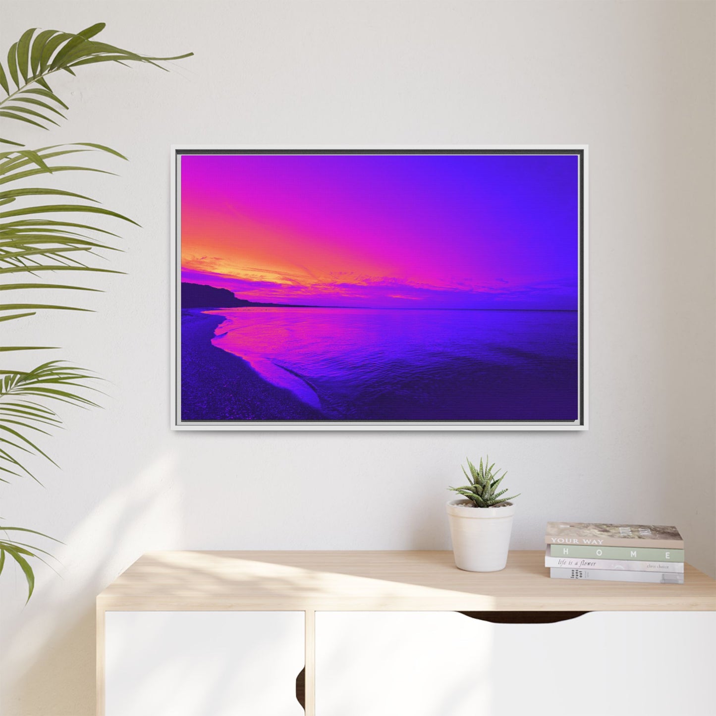 "Lavishing Symmetry" Sunset Shore Matte Canvas Framed Wall Art — Vibrant Purple & Pink Beach Landscape