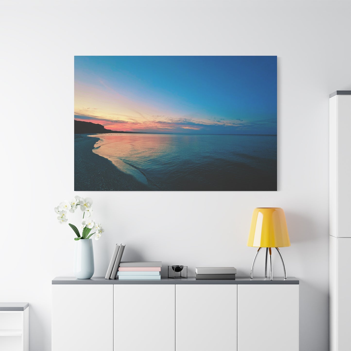 "Blue Symmetry" Sunset Beach Matte Canvas Print — Stretched Wall Art