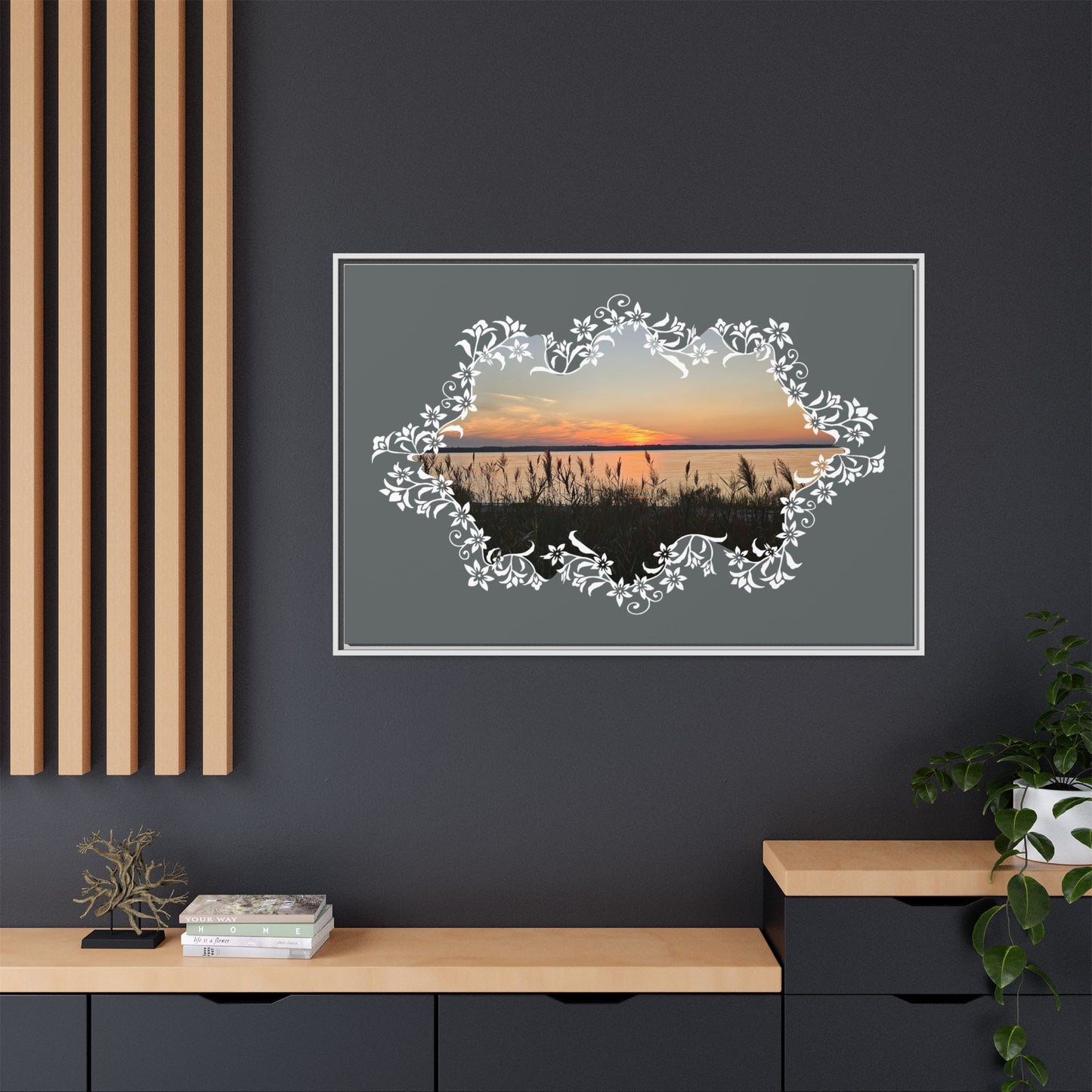 "Wild Youth" Framed Matte Canvas - Sunrise Marsh with Ornate White Floral Frame