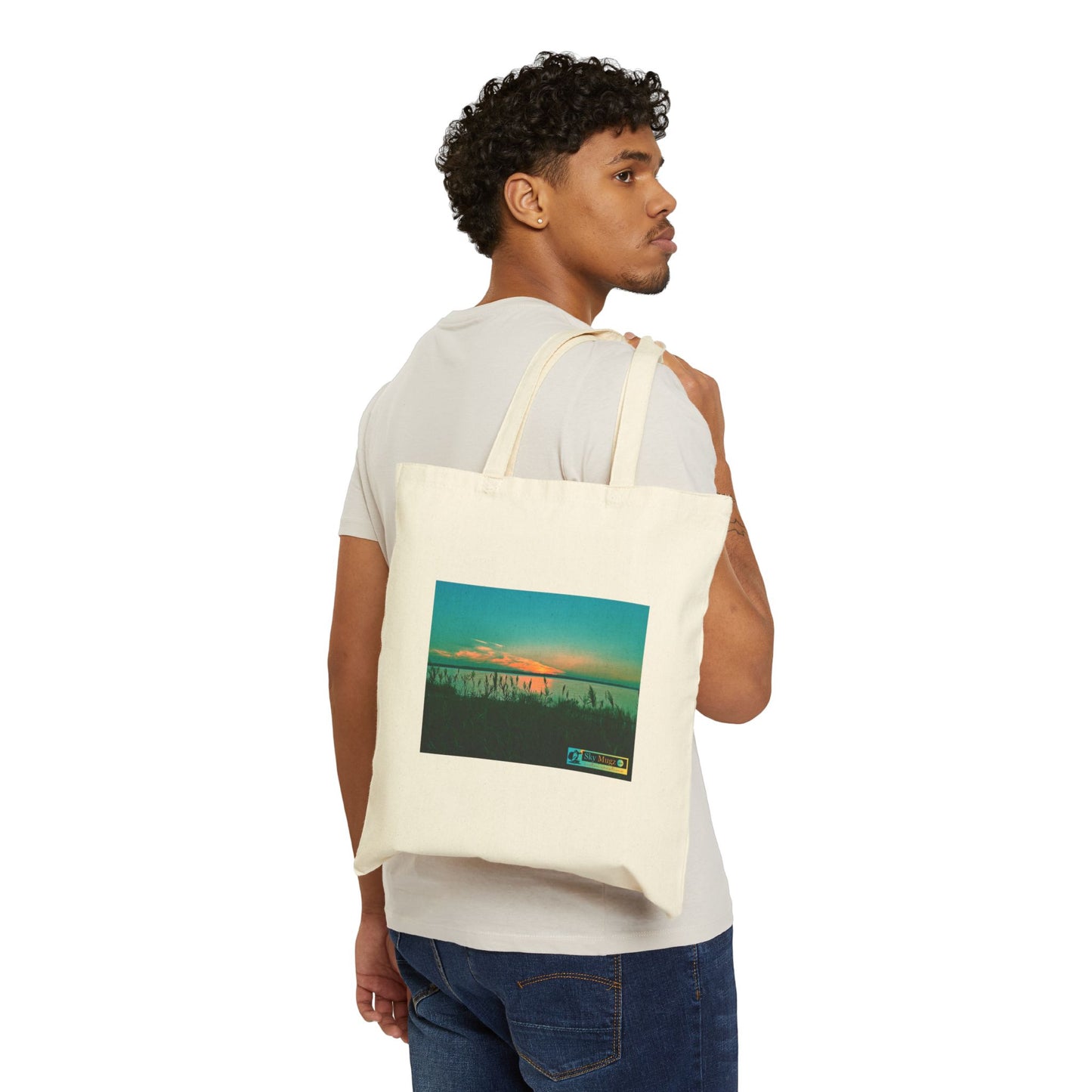 Sunset Beach Canvas Tote — "Sky Mugz" Graphic Cotton Tote