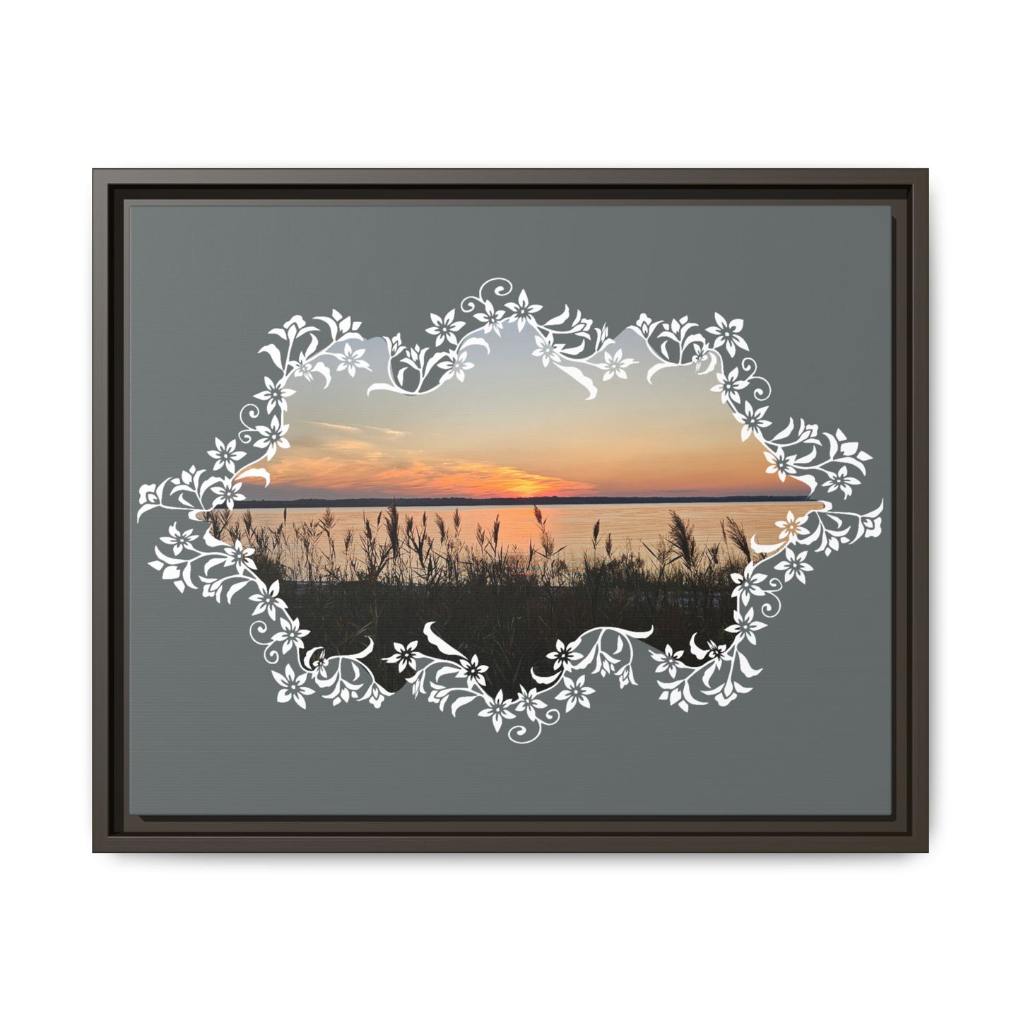 "Wild Youth" Framed Matte Canvas - Sunrise Marsh with Ornate White Floral Frame
