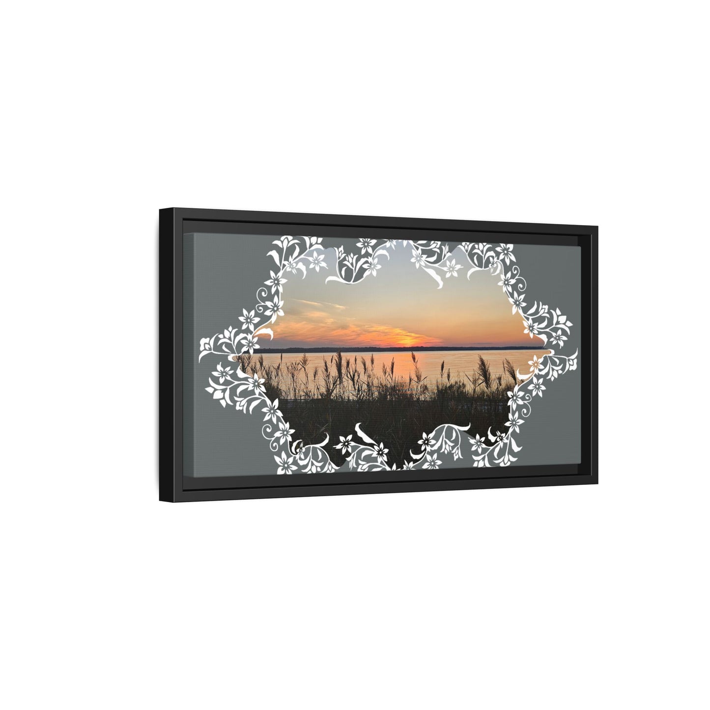 "Wild Youth" Framed Matte Canvas - Sunrise Marsh with Ornate White Floral Frame
