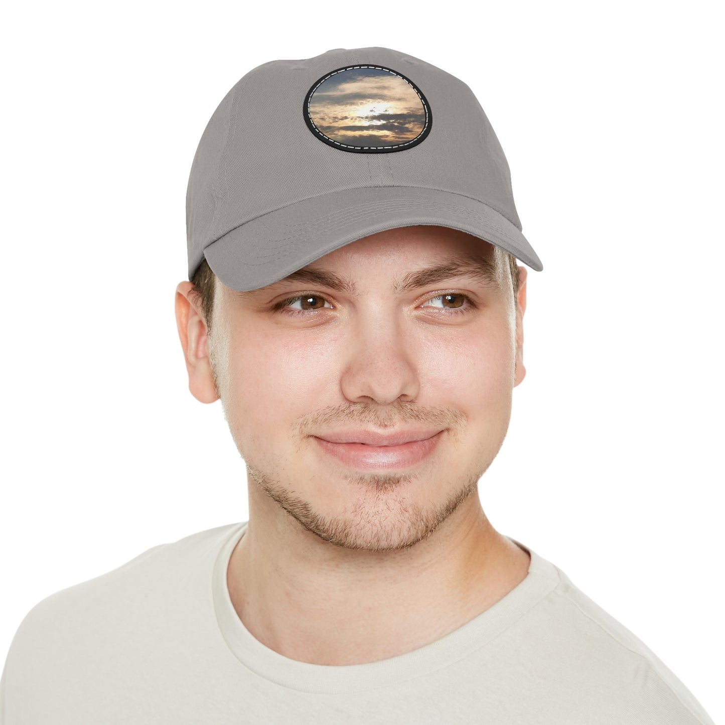 Round Leather Patch Dad Hat —"Sun Peaking Over the Clouds"-Patch Cap