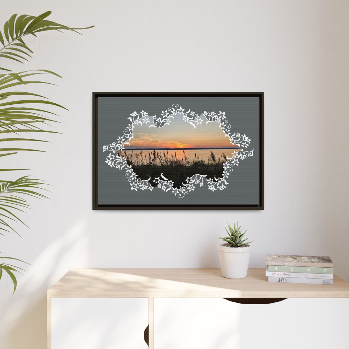 "Wild Youth" Framed Matte Canvas - Sunrise Marsh with Ornate White Floral Frame