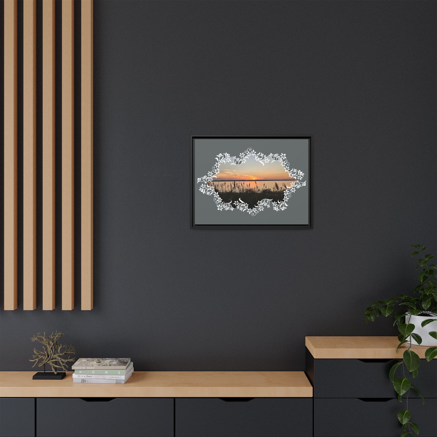 "Wild Youth" Framed Matte Canvas - Sunrise Marsh with Ornate White Floral Frame