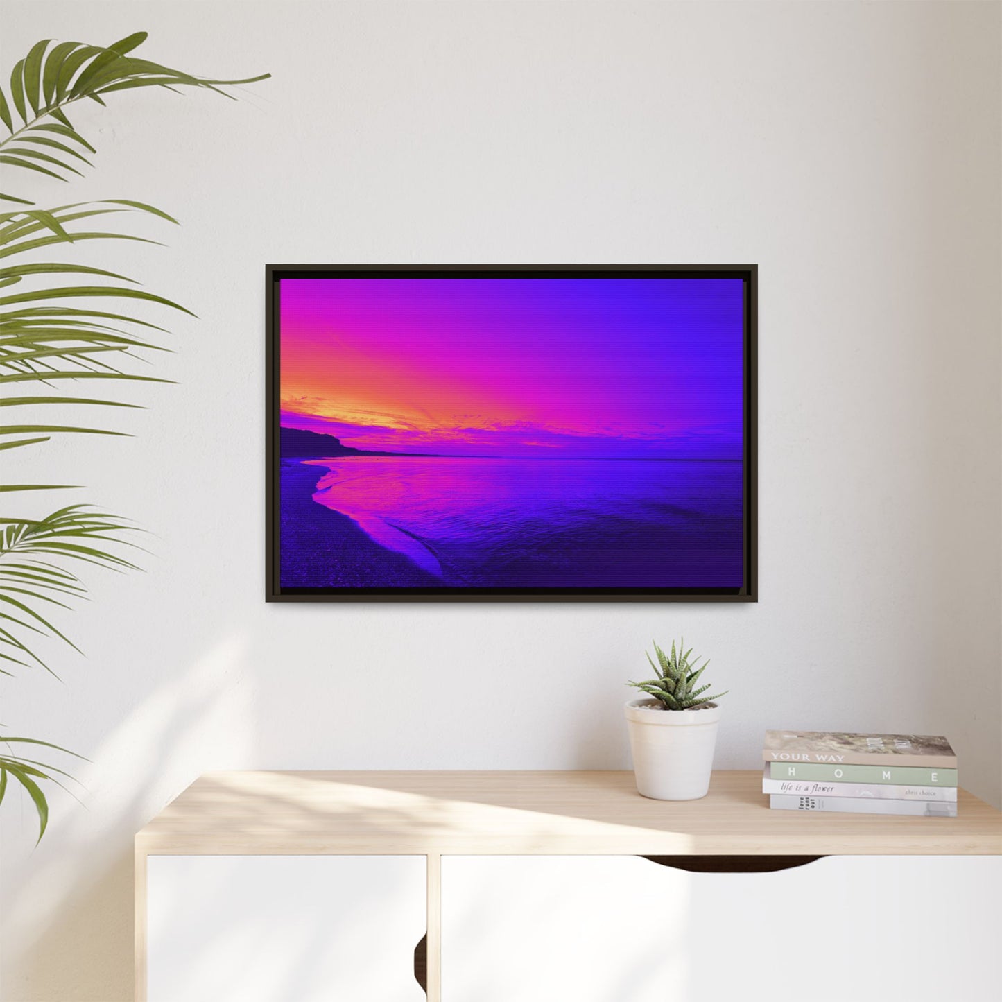 "Lavishing Symmetry" Sunset Shore Matte Canvas Framed Wall Art — Vibrant Purple & Pink Beach Landscape