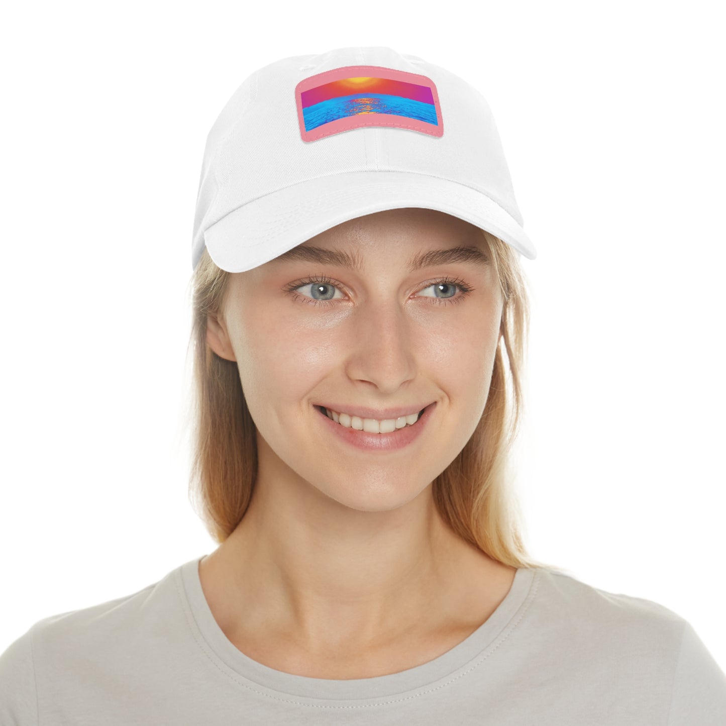 Sunset Ocean Leather Patch Dad Hat — Retro Vaporwave Beach Cap