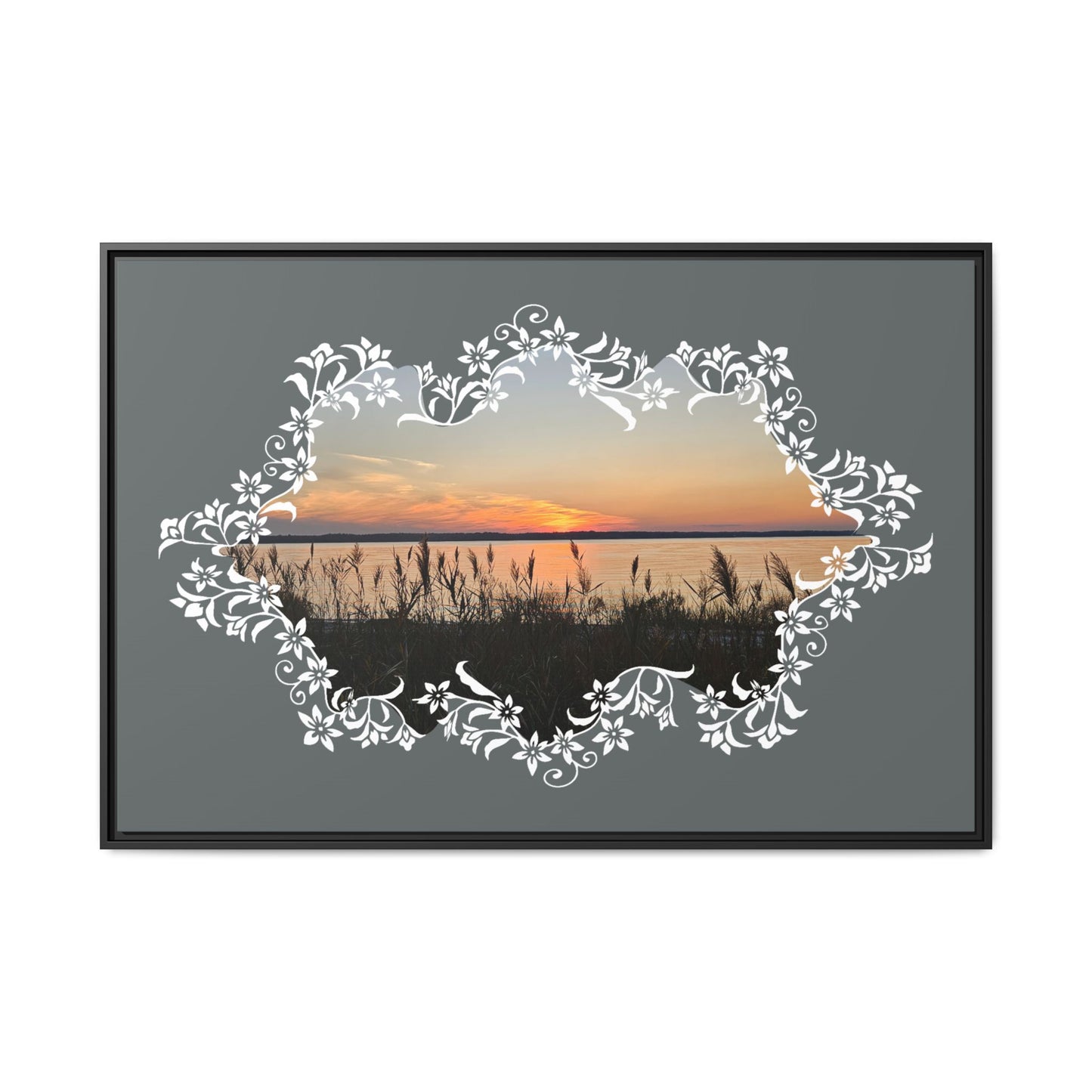 "Wild Youth" Framed Matte Canvas - Sunrise Marsh with Ornate White Floral Frame