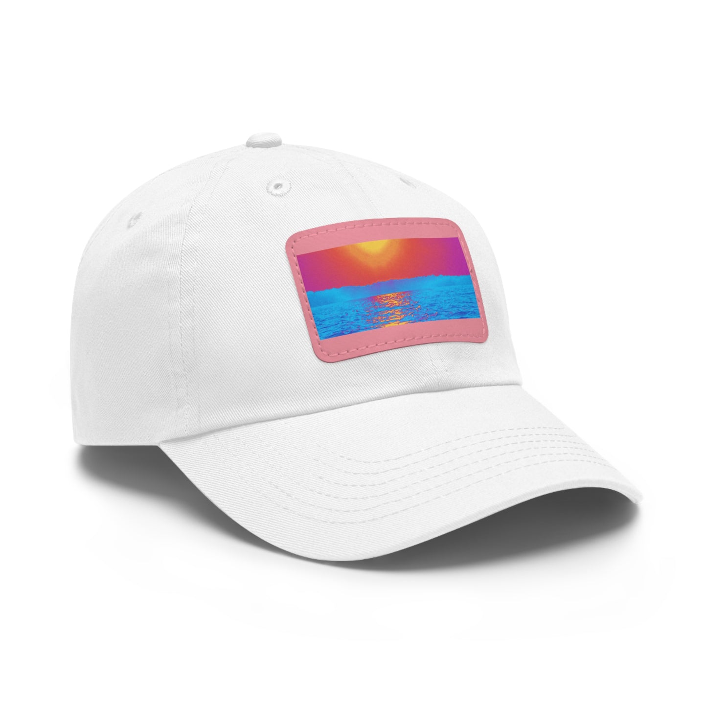 Sunset Ocean Leather Patch Dad Hat — Retro Vaporwave Beach Cap