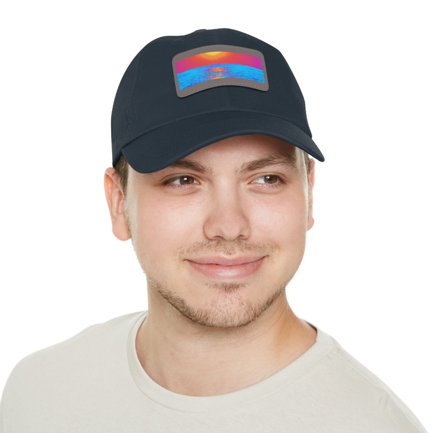 Sunset Ocean Leather Patch Dad Hat — Retro Vaporwave Beach Cap