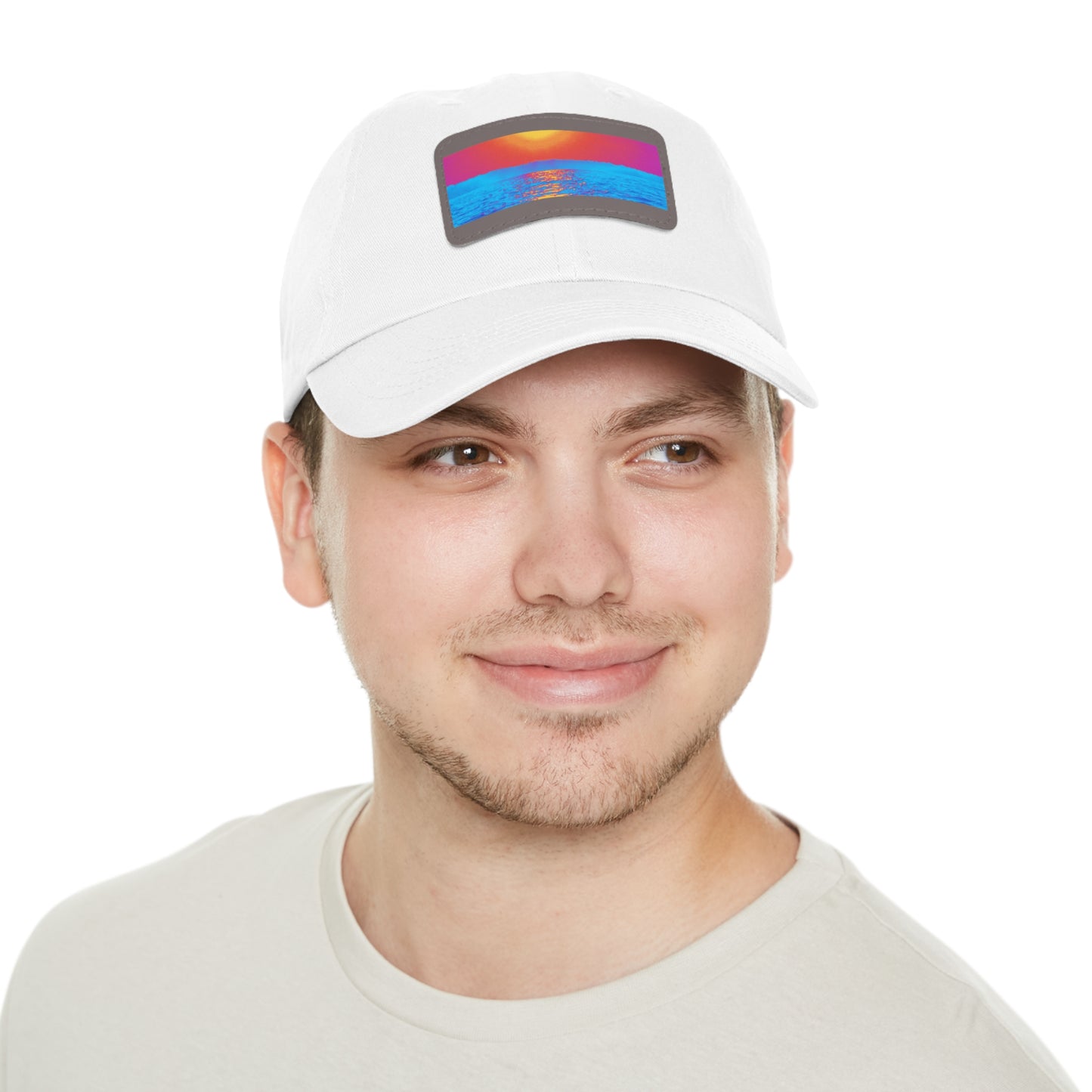Sunset Ocean Leather Patch Dad Hat — Retro Vaporwave Beach Cap