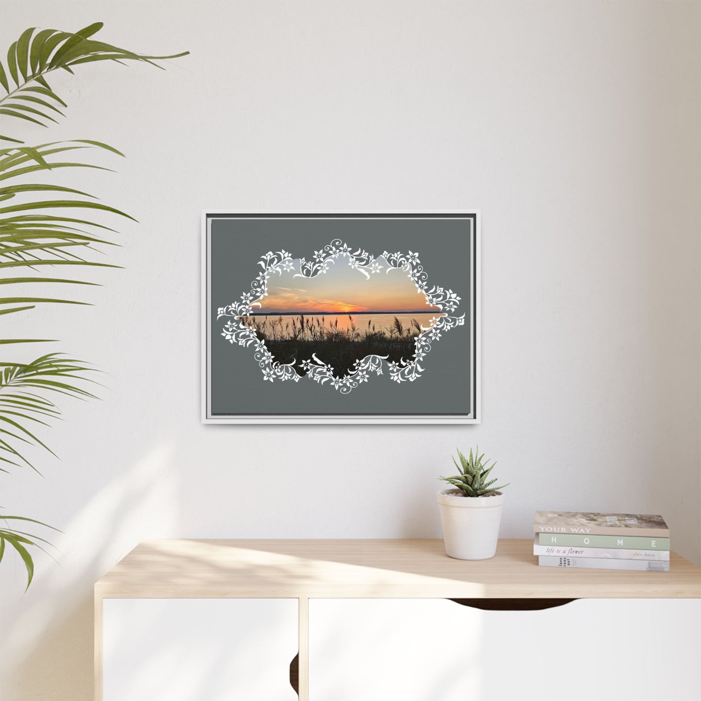 "Wild Youth" Framed Matte Canvas - Sunrise Marsh with Ornate White Floral Frame